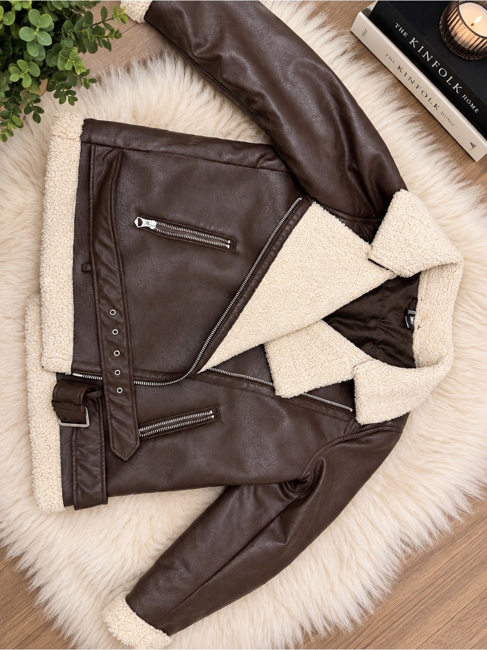 H&M Dark Brown Faux Leather Sherpa Aviator Jacket